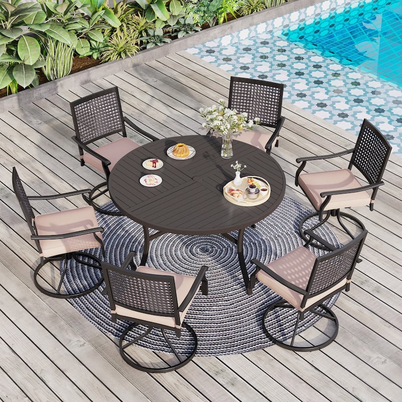 MAISON ARTS 7-Piece Patio Dining Set , Large Round Dining Table with Umbrella Hole & Metal Swivel Dining Chairs