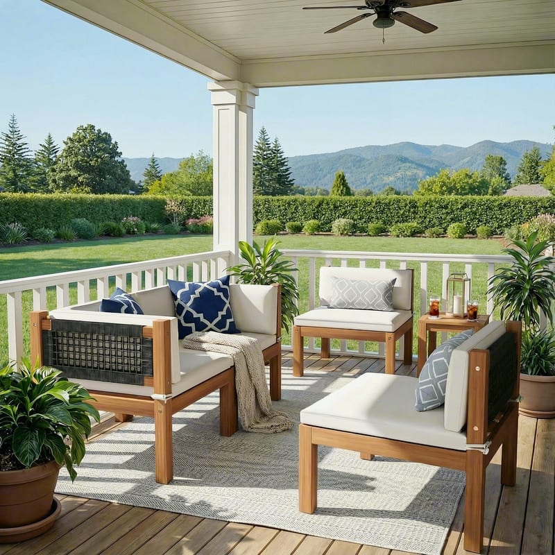 Furniwell Acacia Wood Patio Conversation Set Rope Woven Outdoor Sectional Sofa with Table and Cream Cushions - 4set