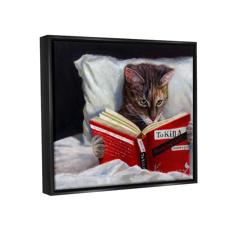 Stupell Cat Reading a Book in Bed Funny Painting Floater Frame - Multi-Color