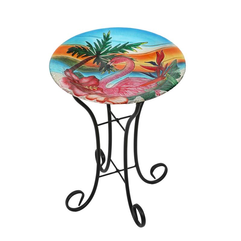 Multi-Color Flamingo Glass Bird Bath with Black Metal Stand