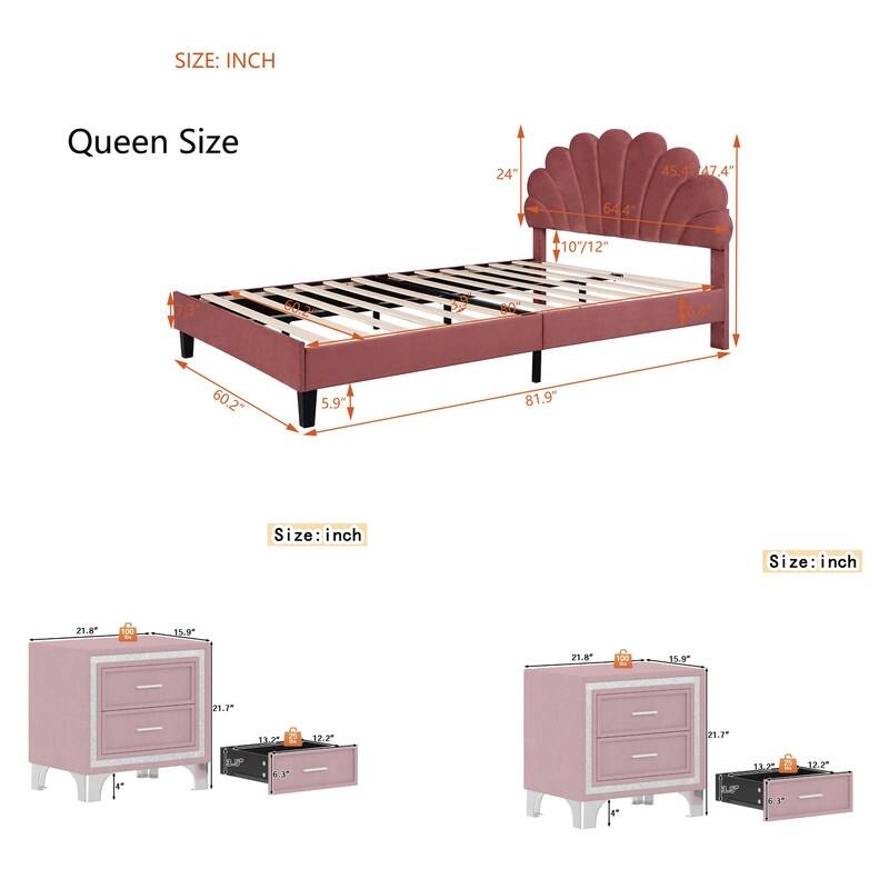 3-Pieces Bedroom Sets, Upholstered Platform Bed with Flower Pattern Velvet Headboard ,and Two Nightstands with 2 Drawers
