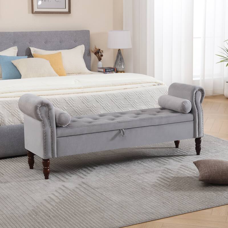 HOMYKA 66.9" Tufted Storage Bench with Rolled Arms Ottoman Long Bench