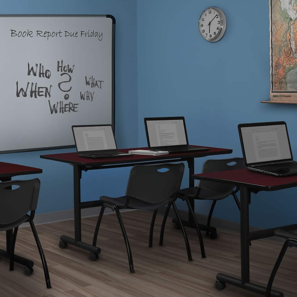 60" x 30" Flip Top Mobile Training Table- Mahogany and 2 "M" Stack Chairs- Black