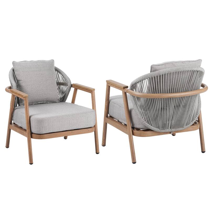 Roomfitters Orla Outdoor Rope Club Chairs with Plastic Wood Armrests and Cushions, Teak Finish - Set of 2