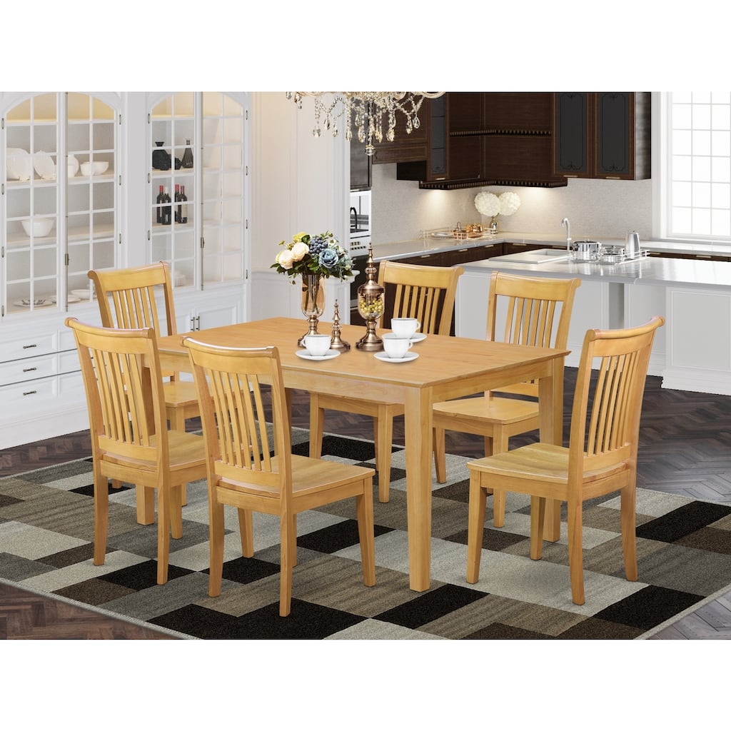 HomeStock 7-Pc Natural Oak Finish Solid Wood Top Dining Table with 6 Chairs
