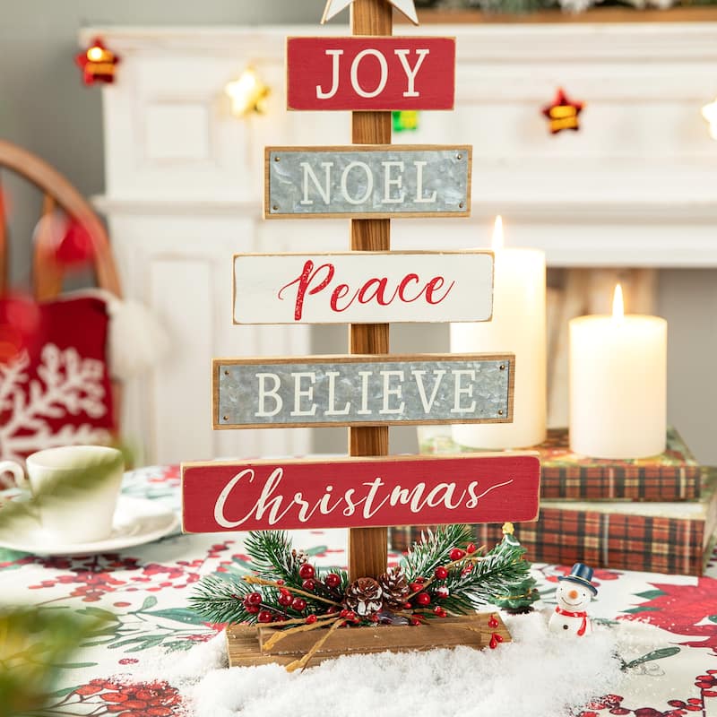 Glitzhome Christmas Tree Shaped Wooden Nativity Sign Table Decor for Holiday Party
