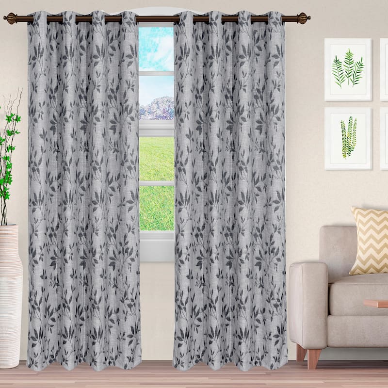 Superior Decorative Vintage Leaves Jacquard Curtain Set with 2 Panels - 52" x 96" - Charcoal/Grey