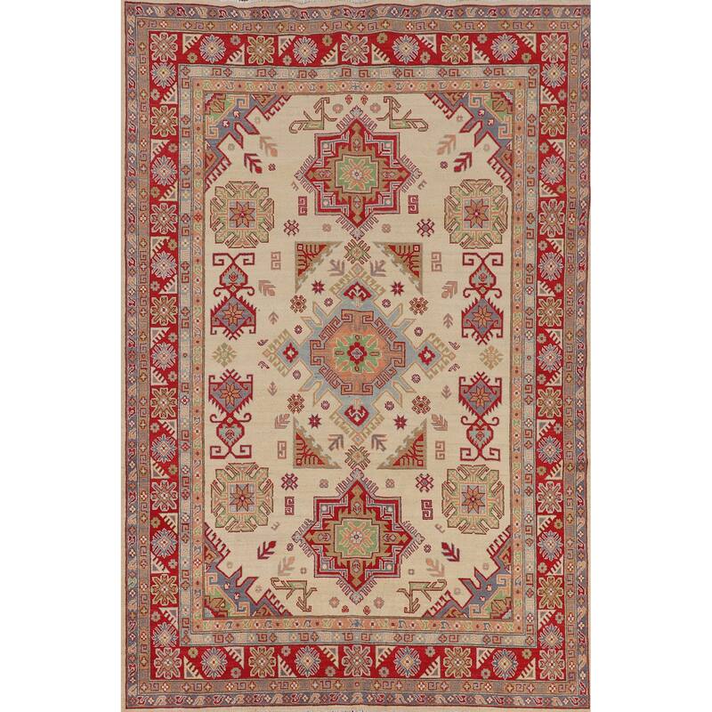 Oriental / Geometric Kazak Area Rug Hand-Knotted Wool Carpet - 6'6" x 9'8"