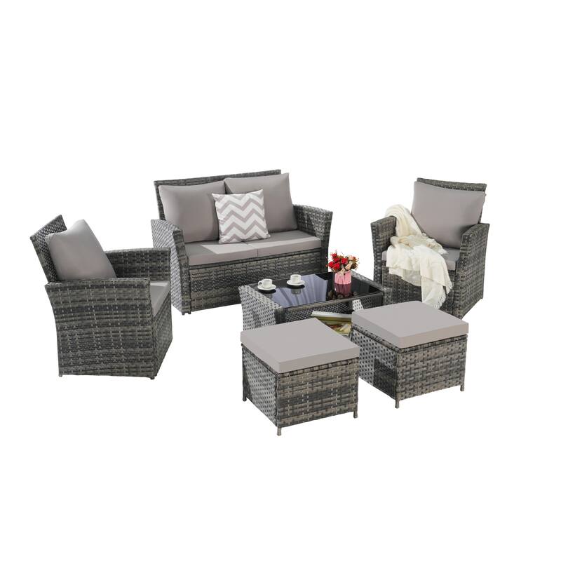 6-Piece Outdoor Patio Rattan Sectional Sofa Set with Glass Table