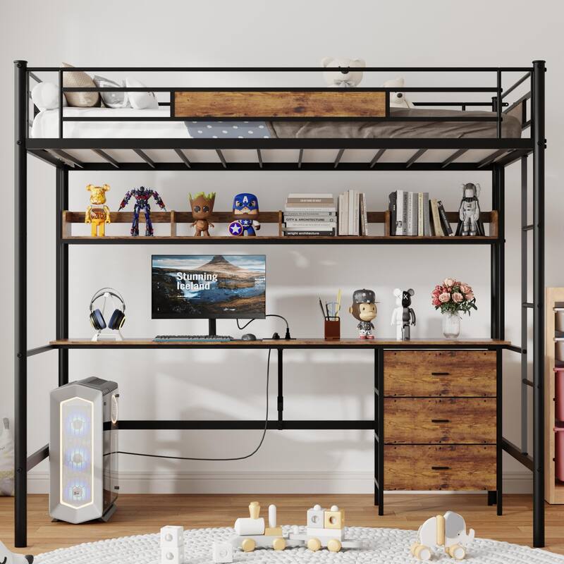 Loft Bed Twin Size with L-Shaped Desk,Charging Station,Twin Metal Loft Bed Frame with Fabric Drawers & Shelve,Safety Guardrail - Brown