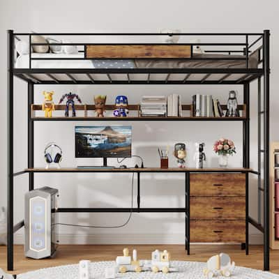 Loft Bed Twin Size with L-Shaped Desk,Charging Station,Twin Metal Loft Bed Frame with Fabric Drawers & Shelve,Safety Guardrail