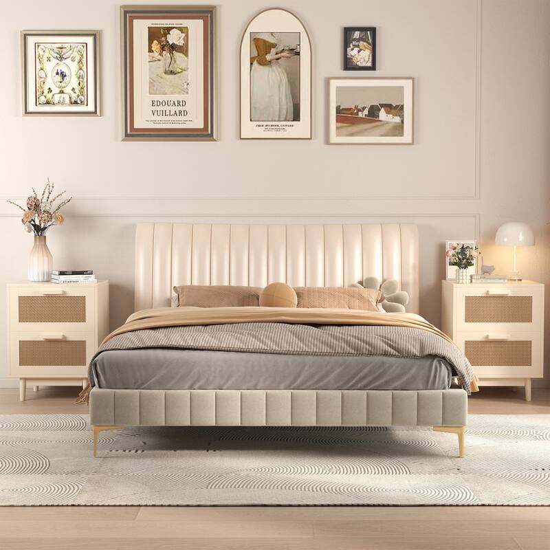 Nightstand with 2 Faux Rattan-Decorated Drawers, Entryway Accent Table with Wood Legs, Large Capacity Sofa Side Table