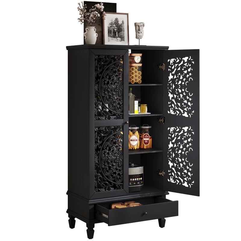 Carved Accent Cabinet Kitchen Pantry Cabinet with Doors, 55" Tall Storage Cabinet with Solid Wood Legs