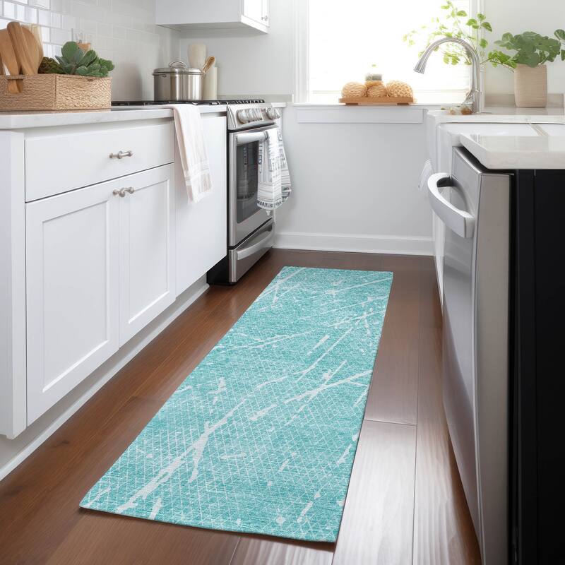 Machine Washable Indoor/ Outdoor Chantille Contemporary Crackle Rug - Teal - 2'3" x 7'6"