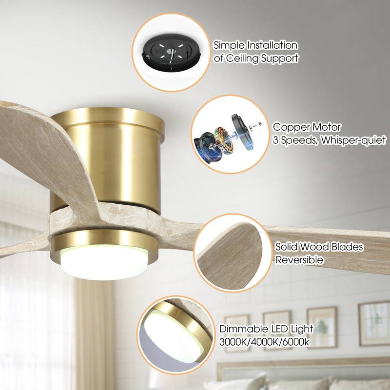 52" Wood 3-Blade Low Profile/ Flush Mount Ceiling Fan with Light and Remote