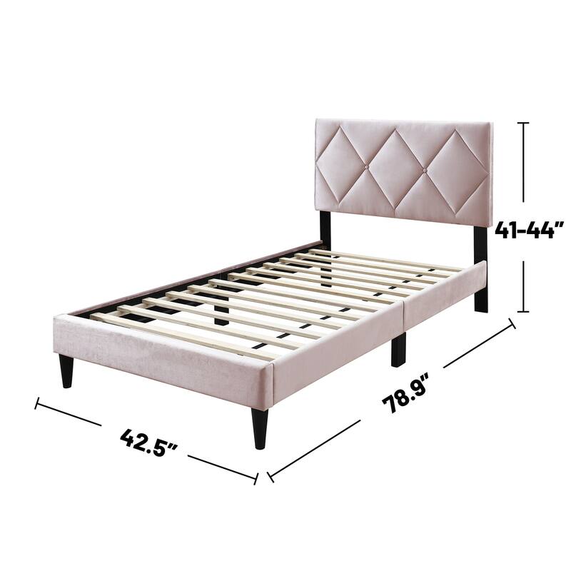 Velvet Upholstered Adjustable Headboard Twin Bed with Tufting Design