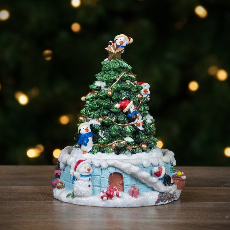Penguins and Christmas Tree Rotating Music Box - 6.5"