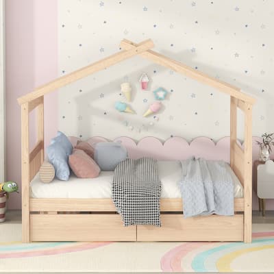 Full Size House Platform Bed Kids Daybed Bed with 2 Drawers and Roof
