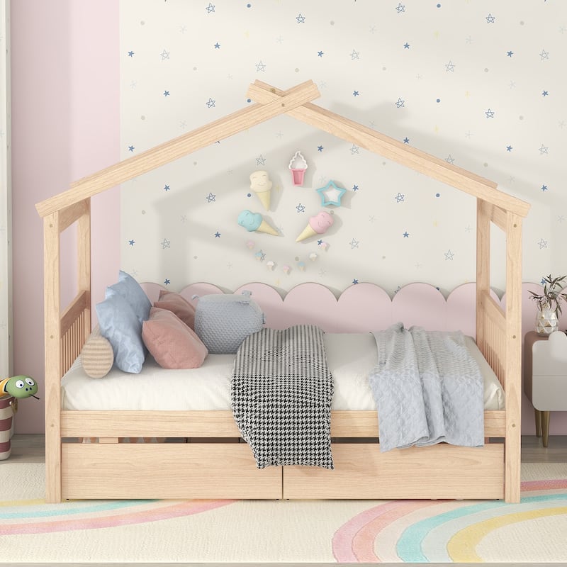 Full Size Wooden House Bed with Storage Drawers - Imaginative Kids Bed Frame - Natural
