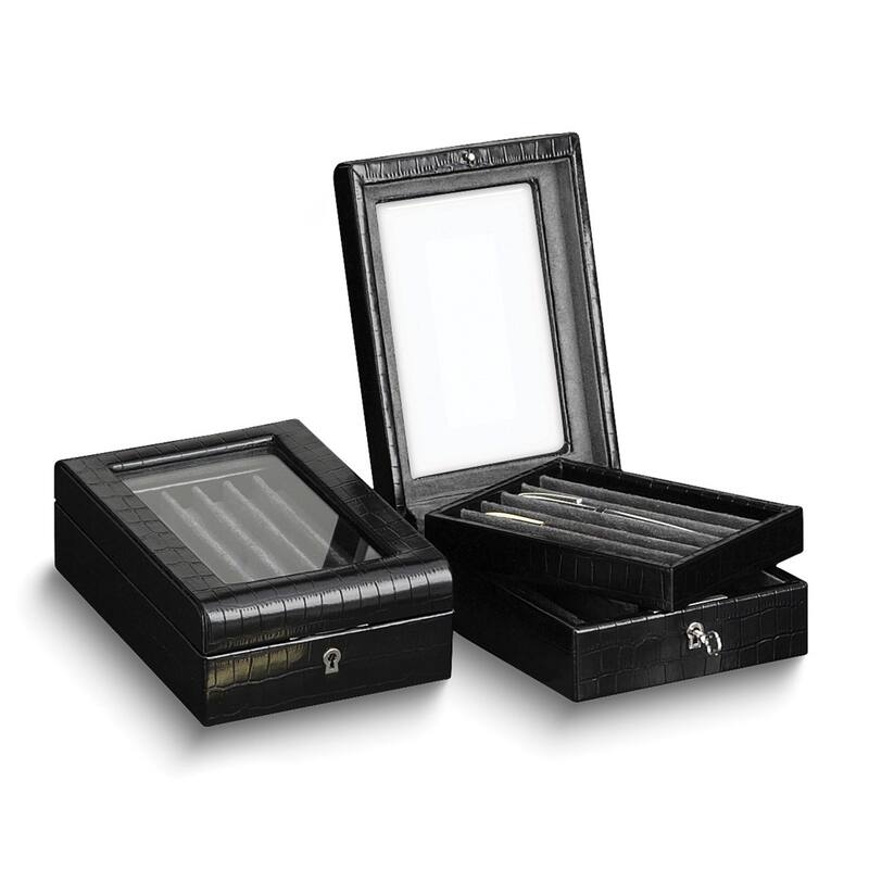 Curata Crocodile Textured Black Leather Glass Lid Velour Lined 11-Pen Locking Display Box