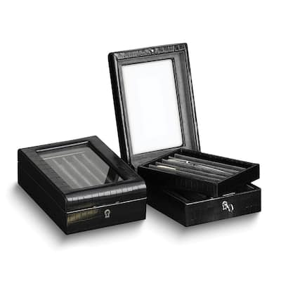 Curata Crocodile Textured Black Leather Glass Lid Velour Lined 11-Pen Locking Display Box
