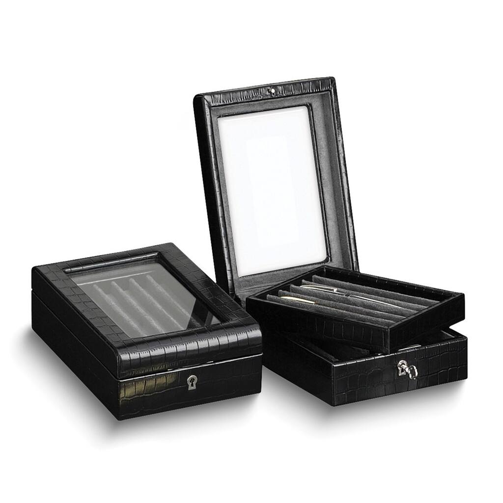 Curata Crocodile Textured Black Leather Glass Lid Velour Lined 11-Pen Locking Display Box