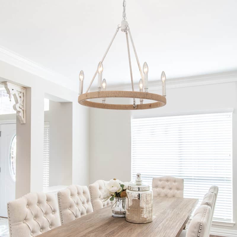 6-Light Rustic Hemp Rope Wagon Wheel Chandelier for Bedroom Foyer Entryway