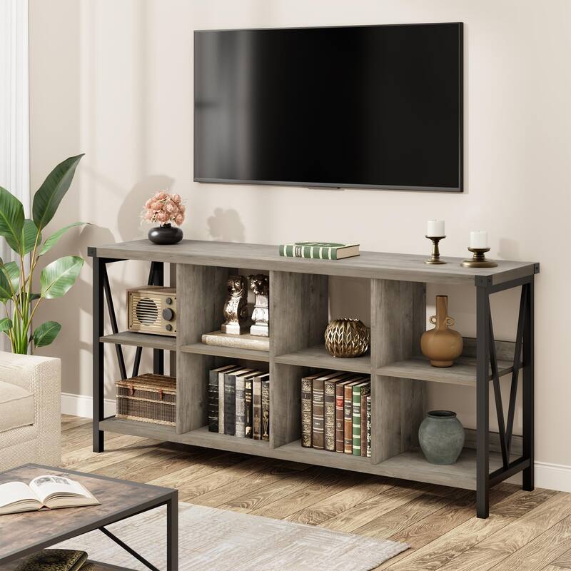 62 Inch Metal Horizontal Bookcase, 3 Tier 8 Cube Storage Organizer Bookshelf, Long Low Storage Shelf for Living Room - grey