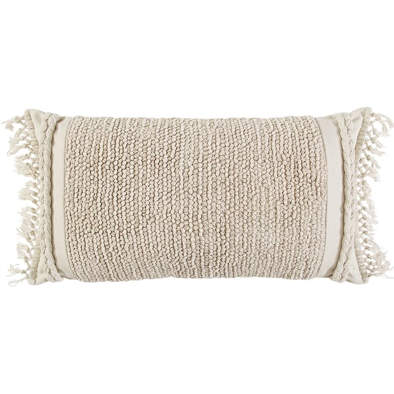 HomeRoots Ivory Braided Stripe Macrame Fringe Lumbar Pillow