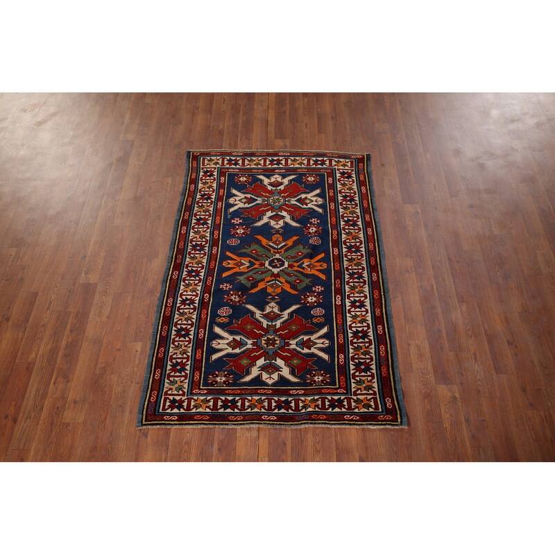 Navy Blue Geometric Kazak Vegetable Dye Wool Carpet - 3'5" x 5'2"