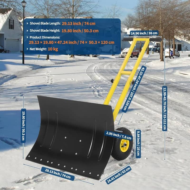 29.13x19.8 in Heavy Duty Rolling Snow Pusher Shovel for Driveway, Doorway, Sidewalk