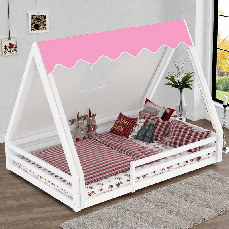 Montessori House Floor Bed with Tent and Lights, Solid Wood Teepee Bed with Guardrails, Twin/Full Kids Bed Frame