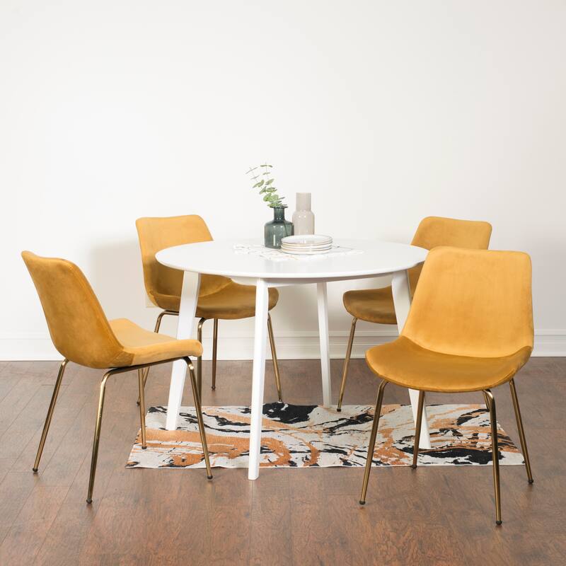 White Yellow Velvet Upholstered Side Chairs with Metal Legs, Bar Table and Chair Set, Round Dining Chairs for Breakfast Nook