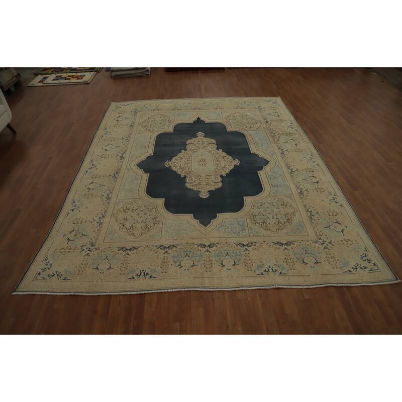 Hand Knotted Oriental 100% Wool Carpet Traditional Medallion Greys & Charcoal Kerman Area Rug - 12' 4'' X 9' 8''