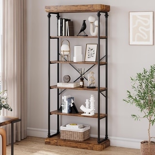 6-Tier Industrial Bookshelf, Tall Rustic Wood Bookcase with Metal Frame ...