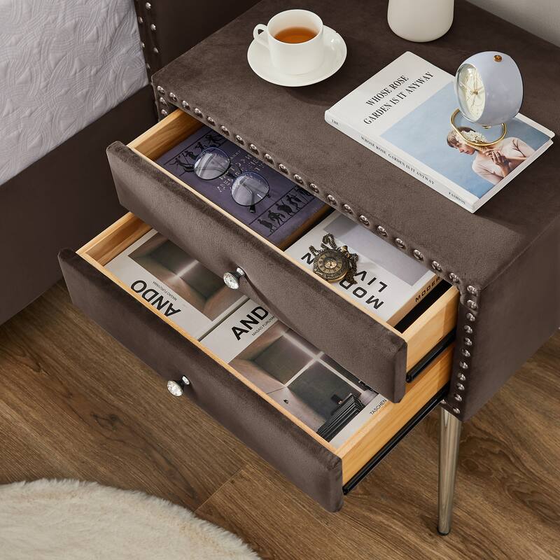 Wood Slat Support Platform Frame with Metal Support Feet Tufted Button