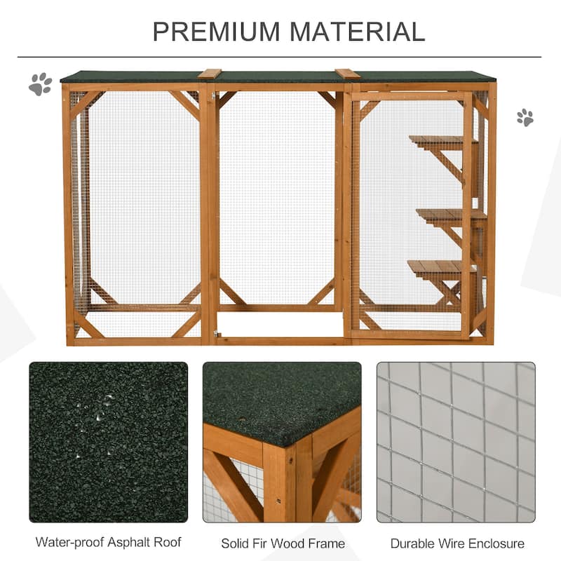 PawHut Wooden Outdoor Cat House Catio Kitten Enclosure Indoor Cage with Asphalt Roof, Multi-Level Platforms and Large Enter Door