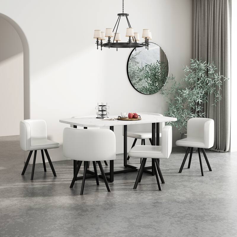 7 Pieces Artificial Marble Rectangle Dining Table Set with 6 Faux Leather Dining Chairs Modern Dining Table Chairs Set