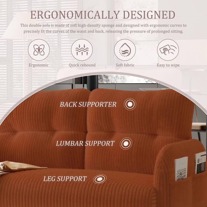 Small Corduroy Upholstered Loveseat Sofa, Lounge Sofa Chair with Double Side Pockets, High-Density Sponge 2 Seater Sofa