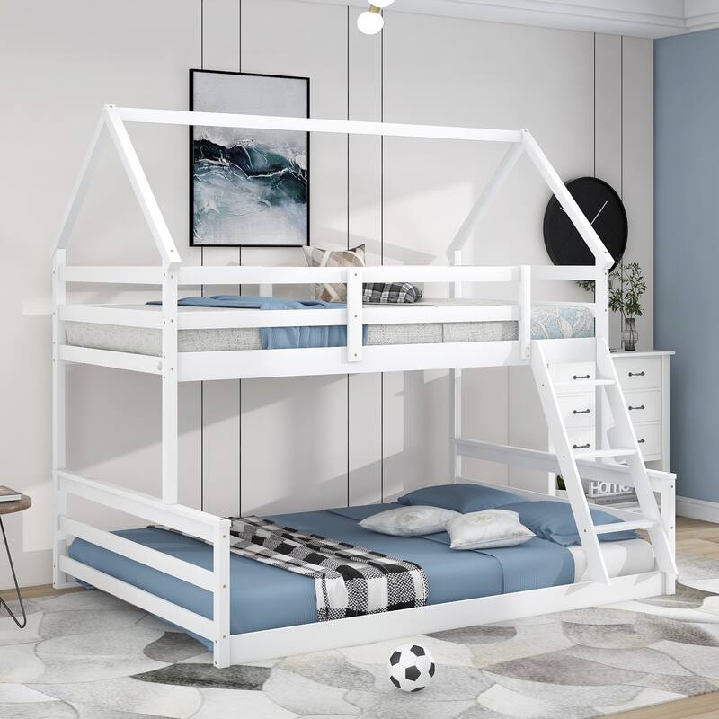 Twin Over Full House Bunk Bed with Ladder, Convertible to Two Separate Beds - White
