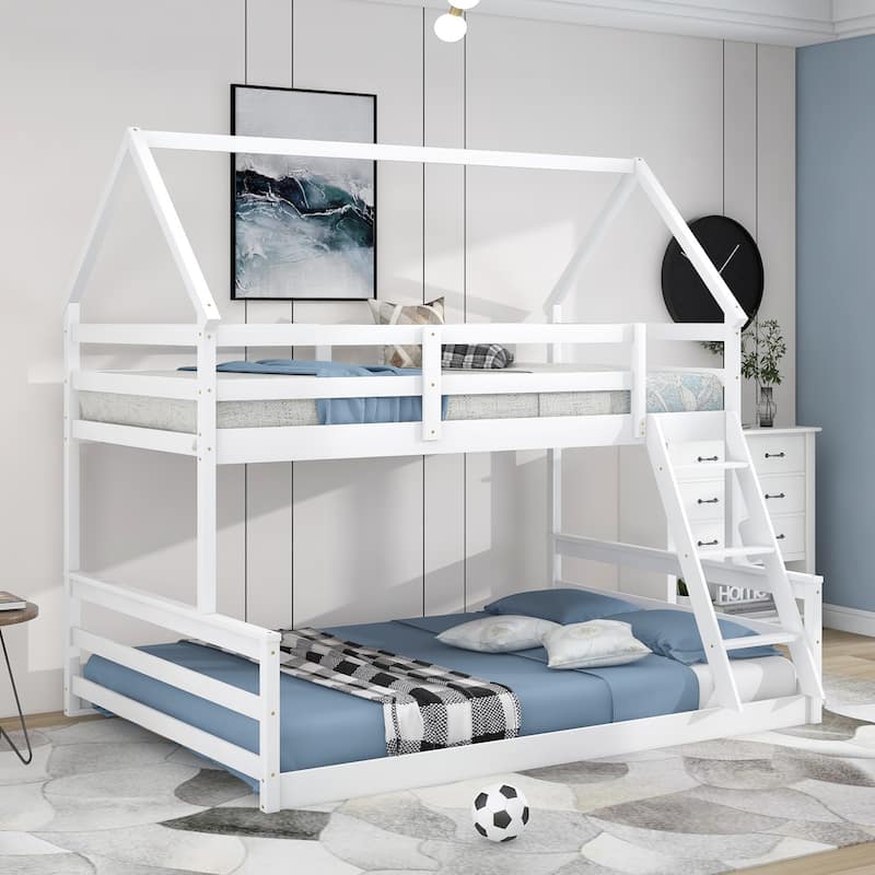 Twin over Full House Bunk bed with Built-in Ladder,White - White