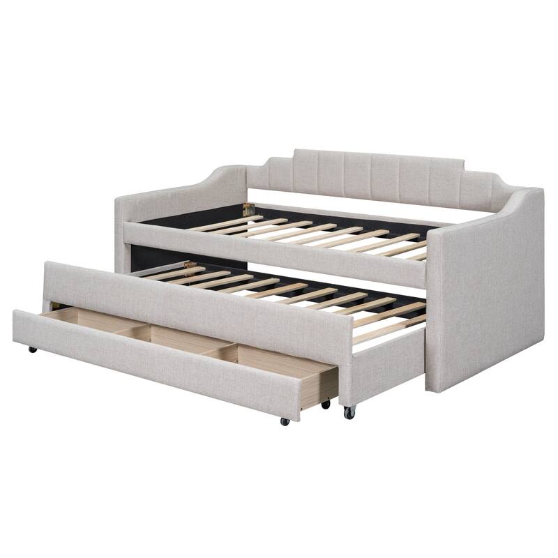 Twin Size Upholstered Daybed with Trundle and Three Drawers in Beige