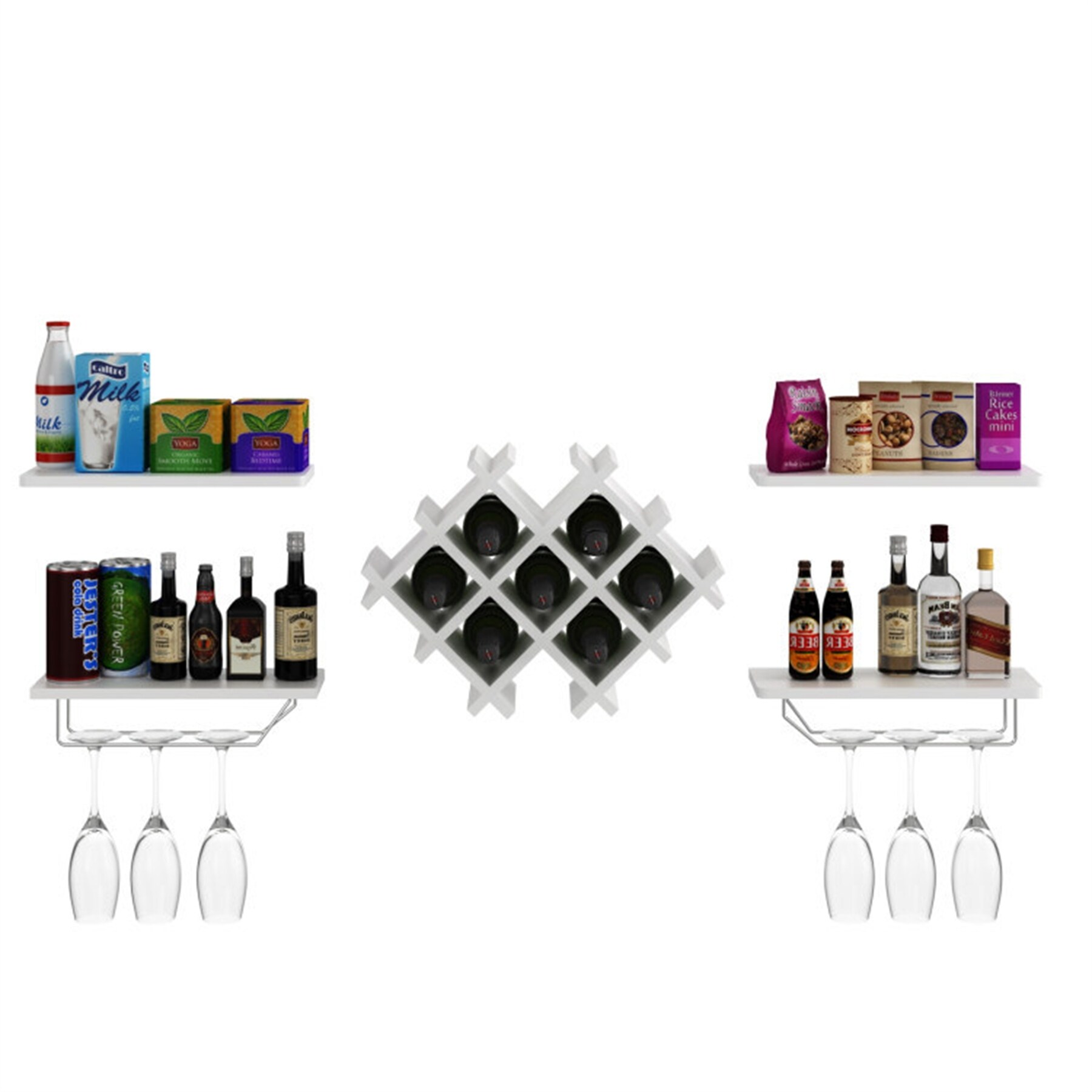 Wall Mount Wine Rack Set w Storage Shelves Set of 5 Bed Bath