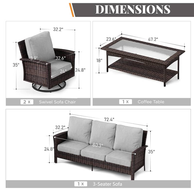 MAISON ARTS Extra-Large Patio Wicker Sofa Conversation Set with Coffee Table, Oversize Seat with 5.5'' Thick Padded Cushion