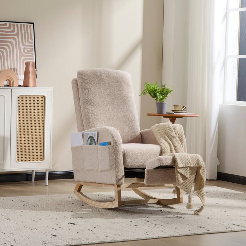 Modern Accent Rocking Chair Rocking Chair with Solid Wood Legs, Upholstered Nursery Glider Rocker Side Pocket and Footrest