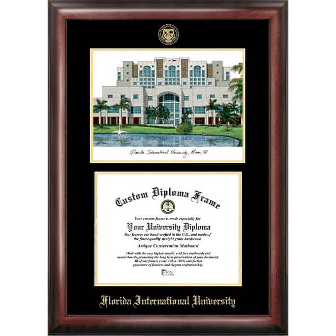 Florida International University 11w x 8.5h Gold Embossed Diploma Frame with Campus Images Lithograph