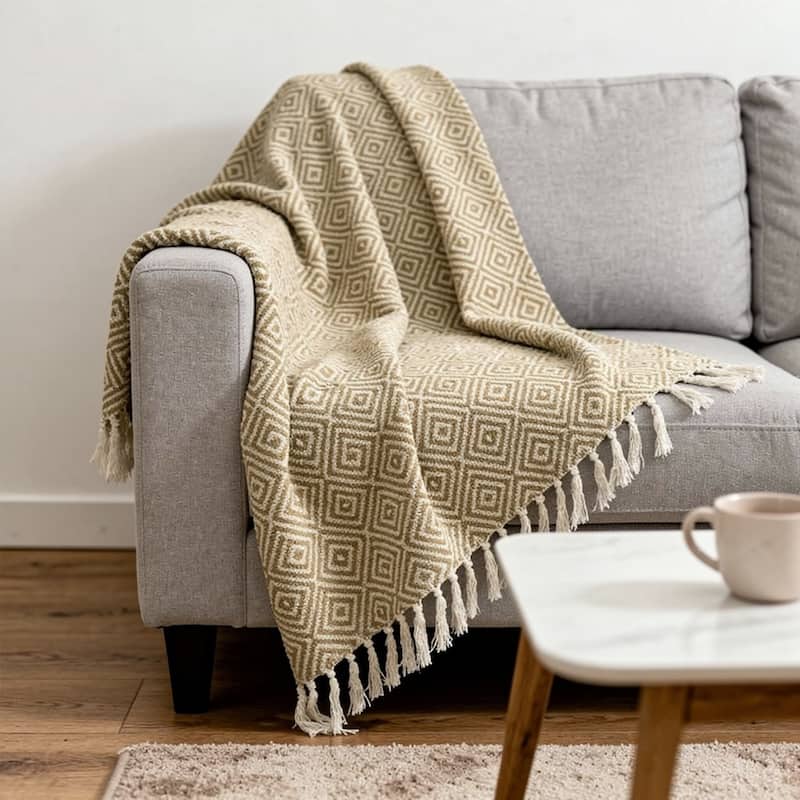 HomeRoots 50" X 60" Natural Cotton Woven Geometric Throw Blanket with Fringe - Throw - Natural