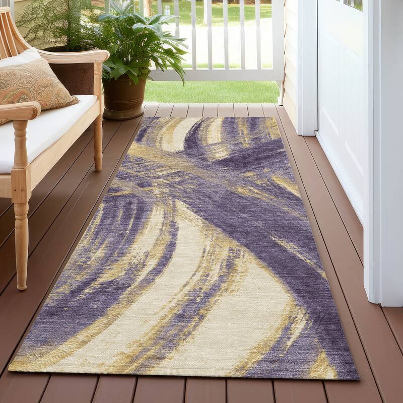 Machine Washable Indoor/ Outdoor Abstract Brushstroke Chantille Rug - Plum - 2'3" x 7'6"