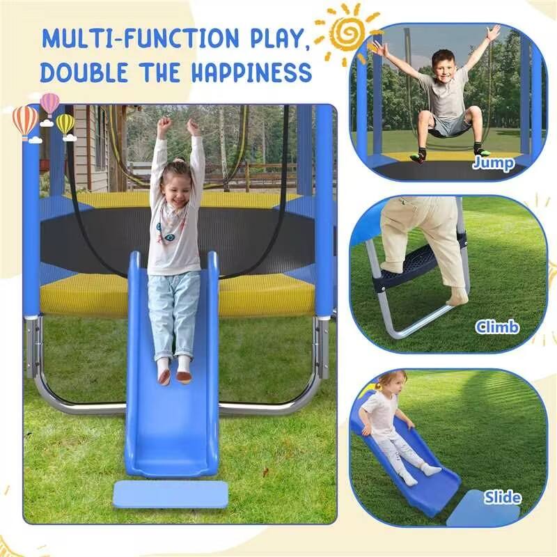 7FT Trampoline with Safety Enclosure Net, Slide and Ladder, Easy Assembly ,Regular Hexagon Outdoor Recreational Trampoline