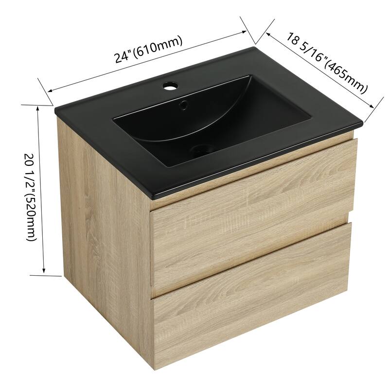 Modern 24" Floating Bathroom Vanity with Black Ceramic Basin, Soft-Close Drawers, Water-Resistant Melamine Surface